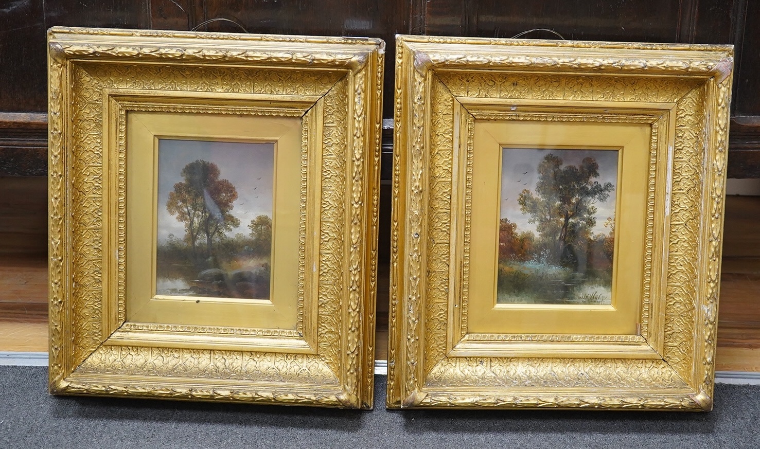 Harrop, pair of oils on board, riverscapes, signed, ornate gilt framed, 19 x 14cm. Condition - good, some losses to the frame